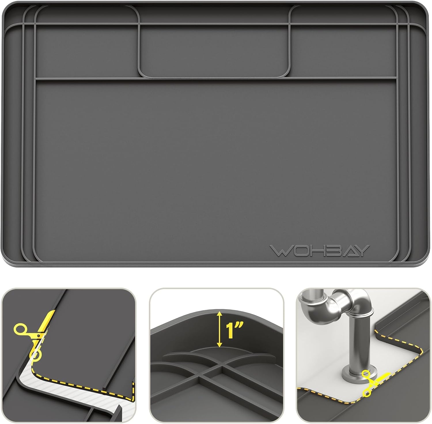 Under Sink Mats for Kitchen Waterproof, 34" X 22" or Smaller Cut to Fit under Sink Drip Tray for Kitchen Bathroom Cabinets, Silicone Liner Hold up to 3.3 Gallons Liquid - Grey