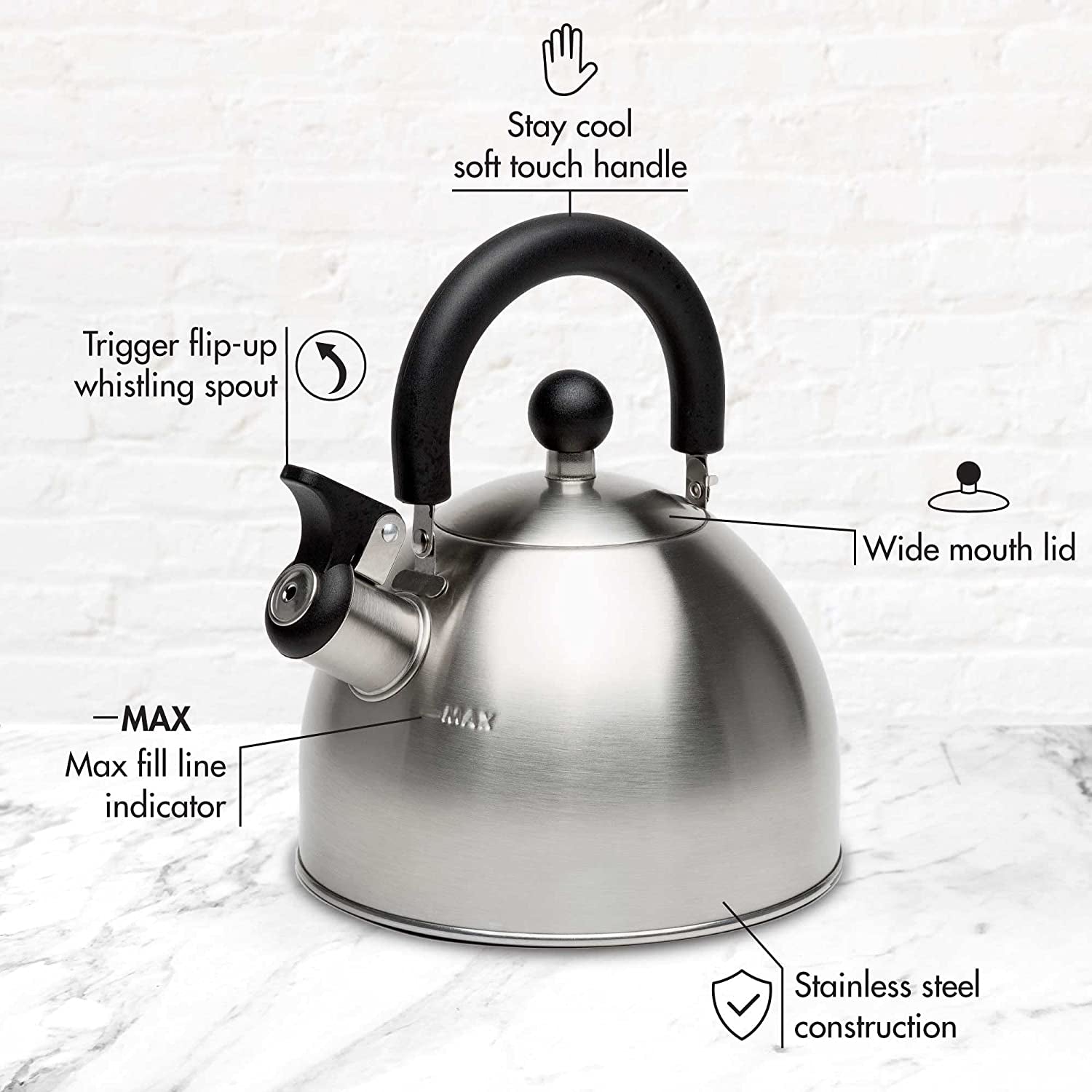 Stewart Whistling Stovetop Tea Kettle Food Grade Stainless Steel, Hot Water Fast to Boil, Cool Touch Folding, 1.5-Quart, Brushed with Black Handle