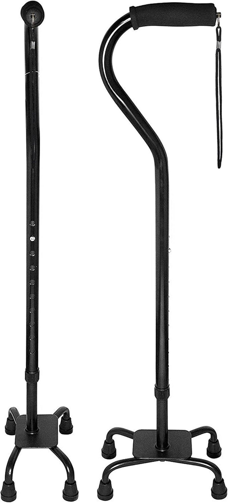 Quad Cane - Adjustable Walking Cane with 4-Pronged Base for Extra Stability - Foam Padded Offset Handle for Soft Grip - Works for Right or Left Handed Men or Women (Black)