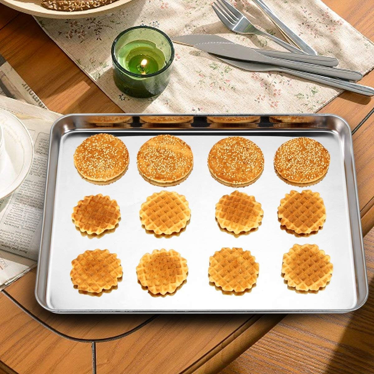 Baking Sheet Set of 3, Stainless Steel Cookie Sheet Baking Sheet Pan, 9/12/16 Inch, Non Toxic & Heavy Duty & Easy Clean