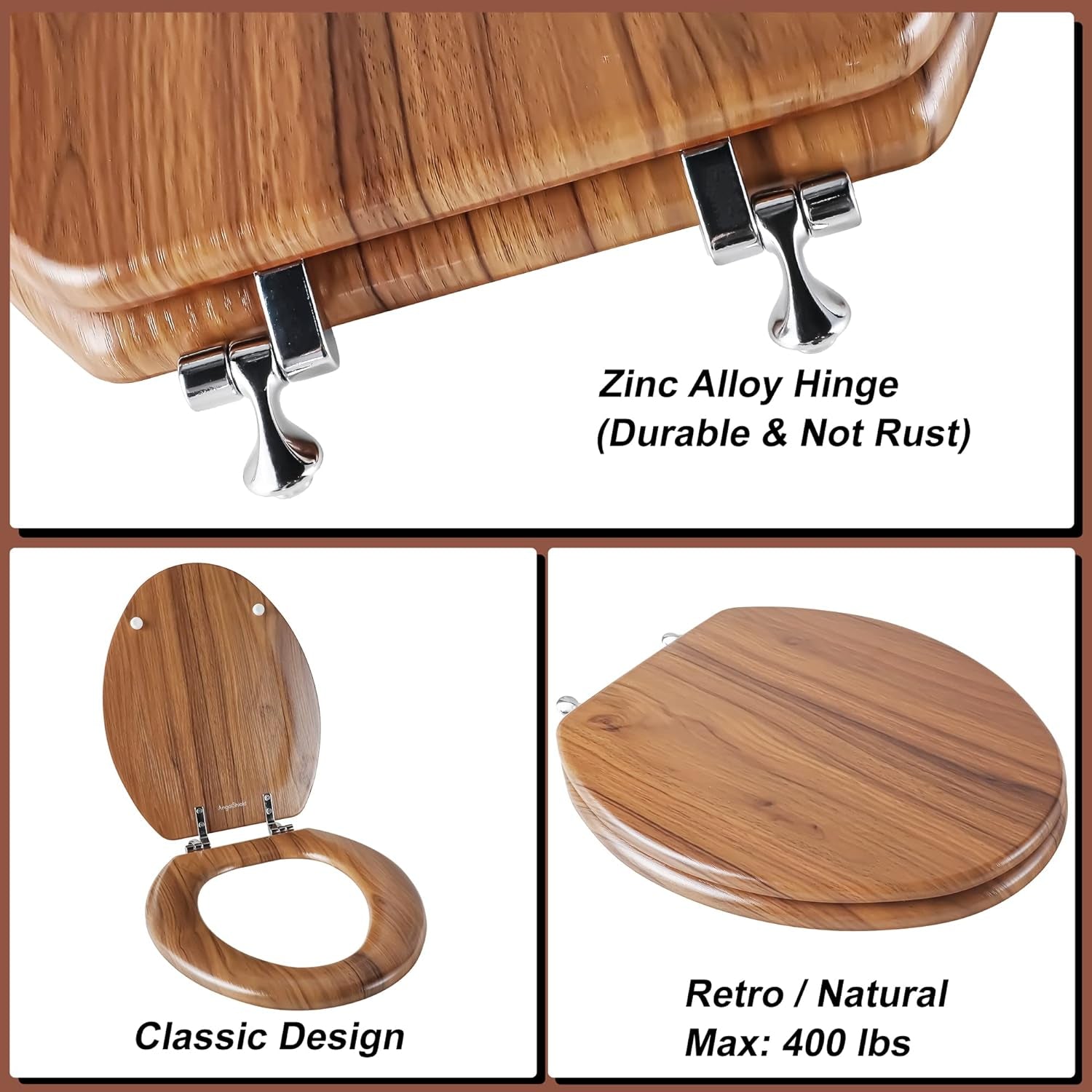 Elongated Toilet Seat Molded Wood Toilet Seat with Zinc Alloy Hinges, Easy to Install Also Easy to Clean, Anti-Pinch Wooden Toilet Seat by  (Elongated, Natural)