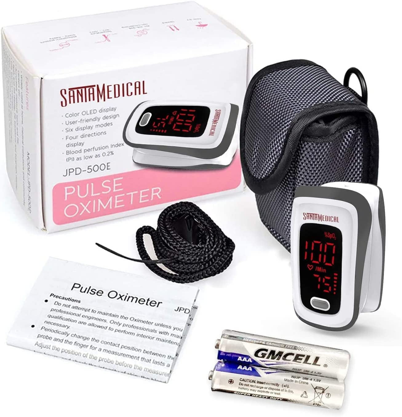 Fingertip Pulse Oximeter, Blood Oxygen Saturation Monitor (Spo2) with Pulse Rate Measurements and Pulse Bar Graph, Portable Digital Reading LED Display, Batteries and Carry Case Included