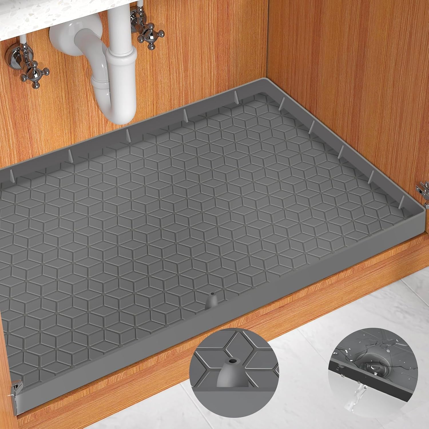 Under Sink Mat for Waterproof Protectors, 28"X19" Silicone Undersink Mats for Kitchen Bathroom, with Drainage Hole Sink Liner Drip Tray Protectors, Fits 30-Inch Cabinets (Grey, 28" W X 19" D)