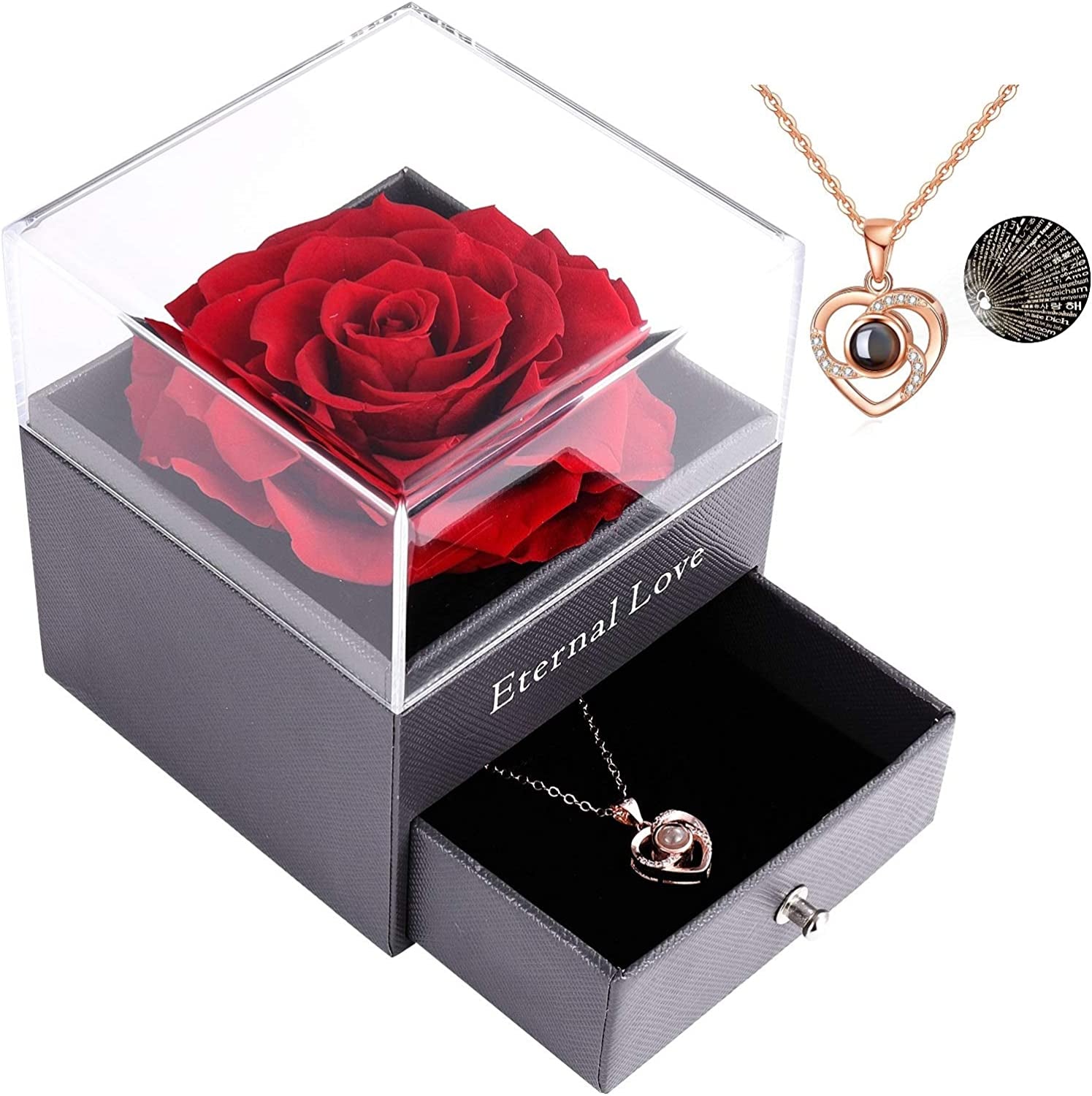 Mom Gifts Preserved Real Rose with Love You Necklace in 100 Languages Gift Set, Enchanted Real Rose Flower for Valentine'S Day Anniversary Wedding Romantic Gifts for Her (Red Rose)