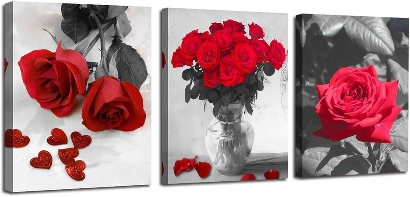 Red Rose Canvas Wall Art Flowers Pictures Bathroom Decor, Black White Florals Painting Modern Romantic Framed for Bedroom Living Room Dinning Room Kitchen Spa Wall Decor,12"X16"X3 Panels