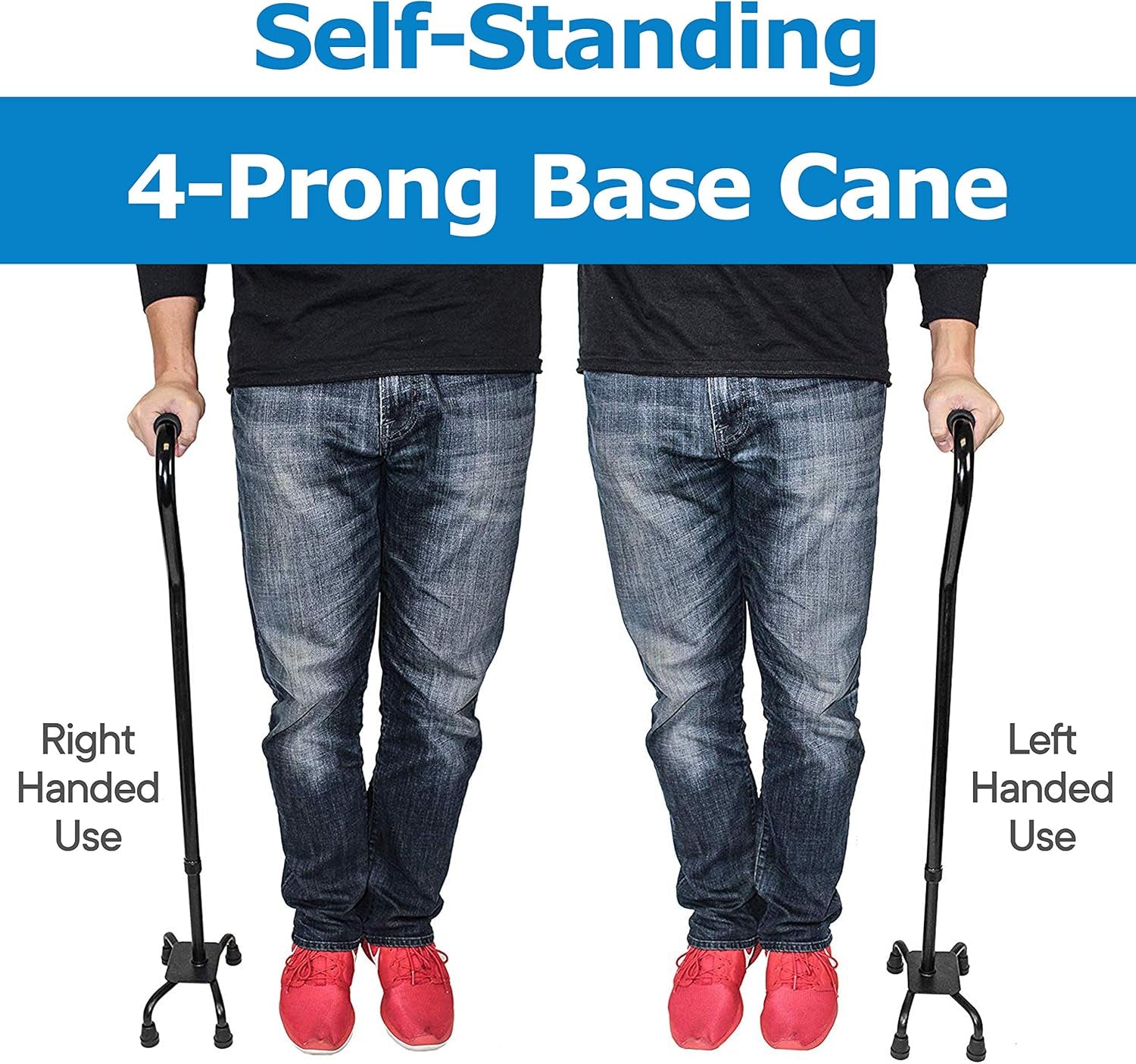 Quad Cane - Adjustable Walking Cane with 4-Pronged Base for Extra Stability - Foam Padded Offset Handle for Soft Grip - Works for Right or Left Handed Men or Women (Black)