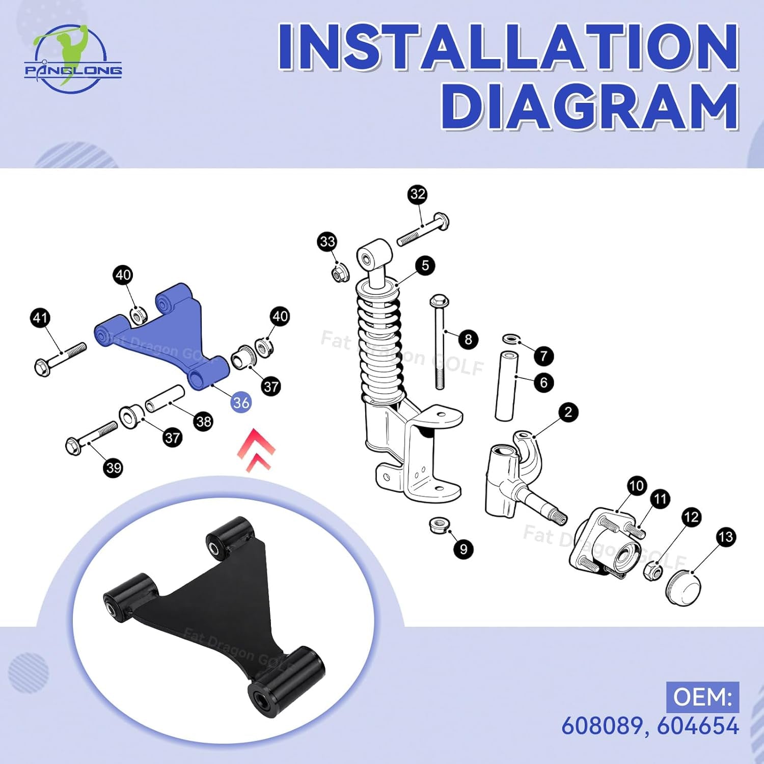 EZGO RXV Front Control A-Arm Assembly, Front Suspension A-Arm with Bushings and Sleeve-1Pc, Suitable for 2008-Up EZ GO RXV Gas and Electric Golf Cart, Replace OEM# 608089, 604654