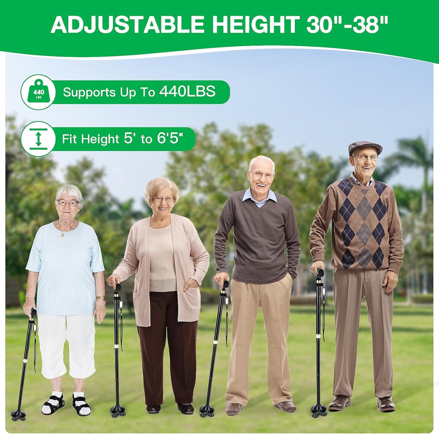 Walking Cane for Men & Women - Foldable, Adjustable-[Seniors Friendly]-Walking Canes with Heavy Duty Pivot Large Base, Aluminum Alloy Walking Stick with Carry Bag for Seniors & Adults