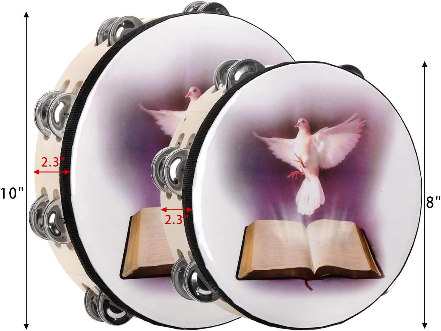 Set of 2 Tambourine, 10" and 8" Dove and Bible Church Tambourine with Double Row Jingle, Wooden Handbell Hand Clap Drum Percussion Instrument