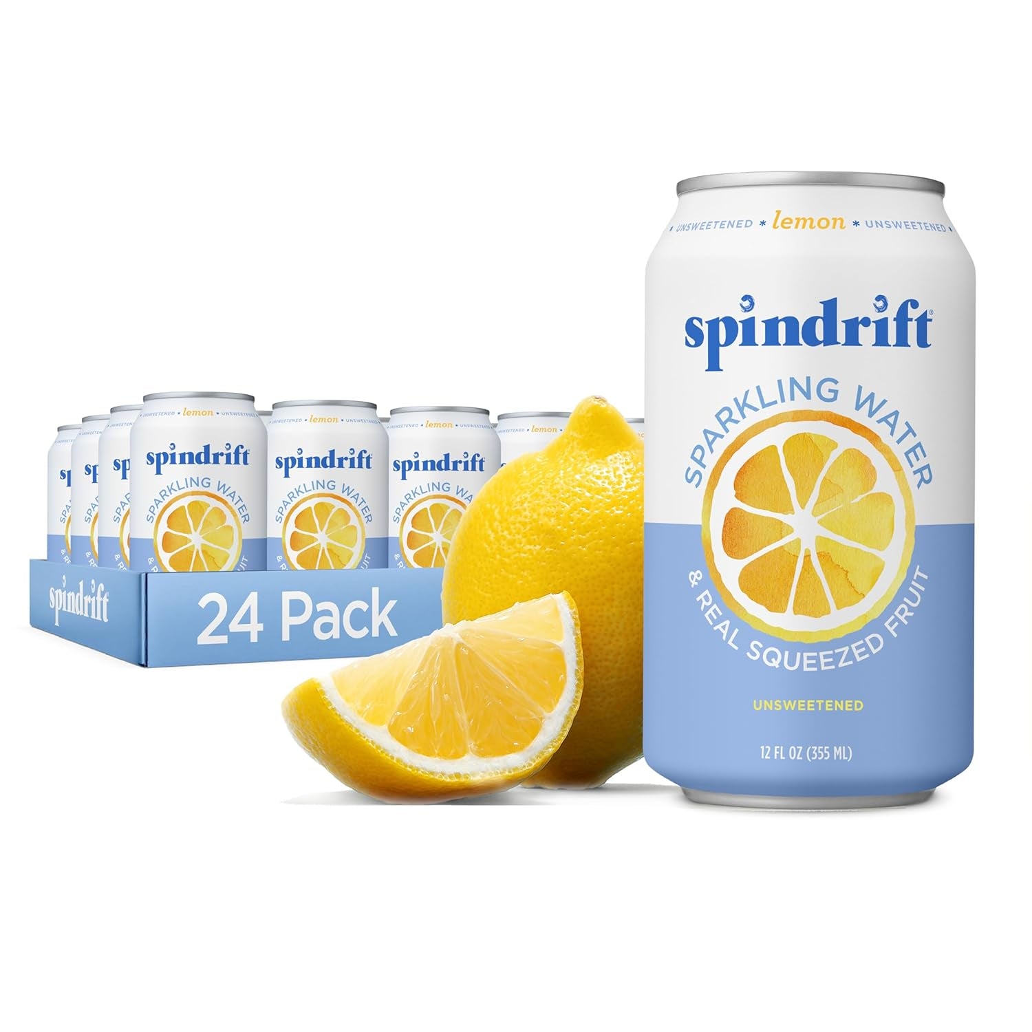 Sparkling Water, Lemon Flavored, Made with Real Squeezed Fruit, 12 Fl Oz Cans, Pack of 24 (Only 3 Calories per Can)