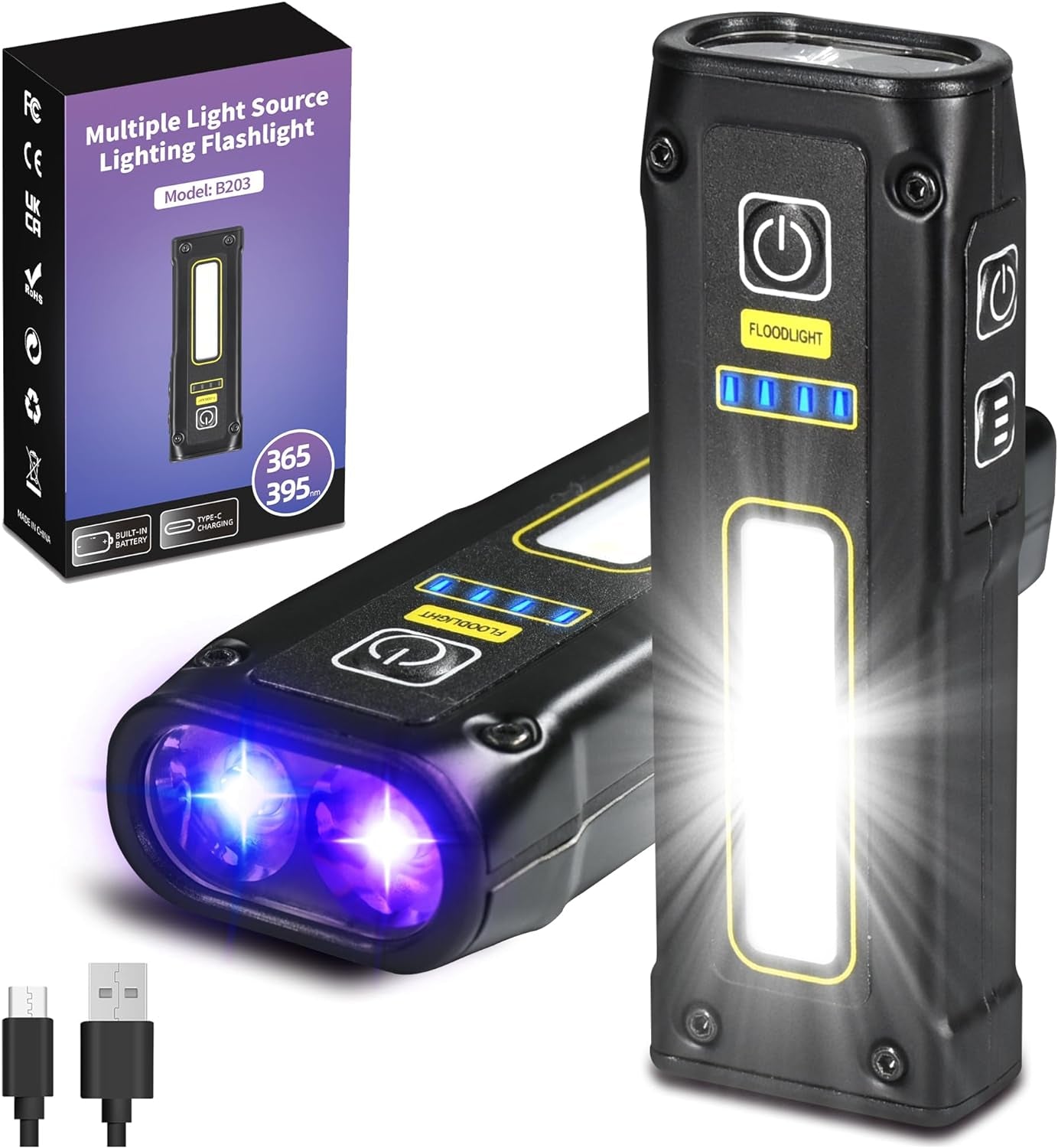 UV Flashlight 365+395 Blacklight, LED EDC Flashlights High Lumen USB C Rechargeable Woods Lamp, Mini Magnetic COB Red Light - Emergency Power - Urine, Scorpion Detector, Cure Resin