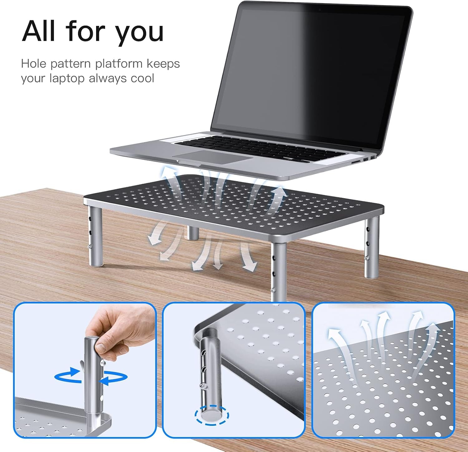 Monitor Stand Riser - 3 Height Adjustable Monitor Stand for Laptop, Computer, Imac, PC, Printer, Desktop Ergonomic Metal Monitor Riser Stand with Mesh Platform