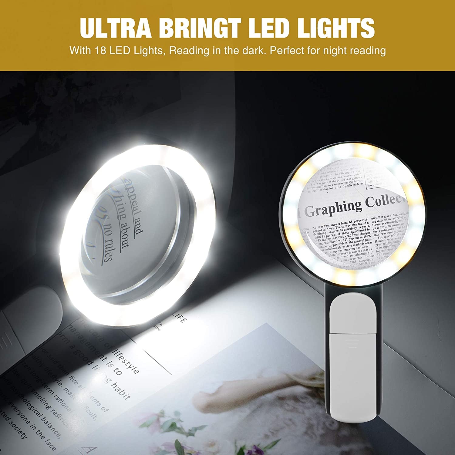 Magnifying Glass with Light, 30X Handheld Large 18LED Cold and Warm Light with 3 Modes, Illuminated Magnifier for Seniors Reading, Inspection, Coins, Jewelry, Exploring