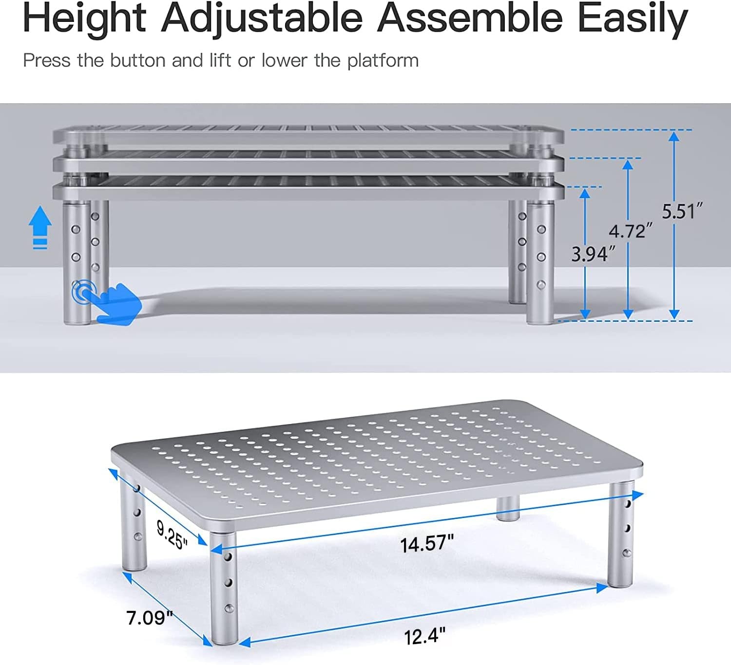 Monitor Stand Riser - 3 Height Adjustable Monitor Stand for Laptop, Computer, Imac, PC, Printer, Desktop Ergonomic Metal Monitor Riser Stand with Mesh Platform