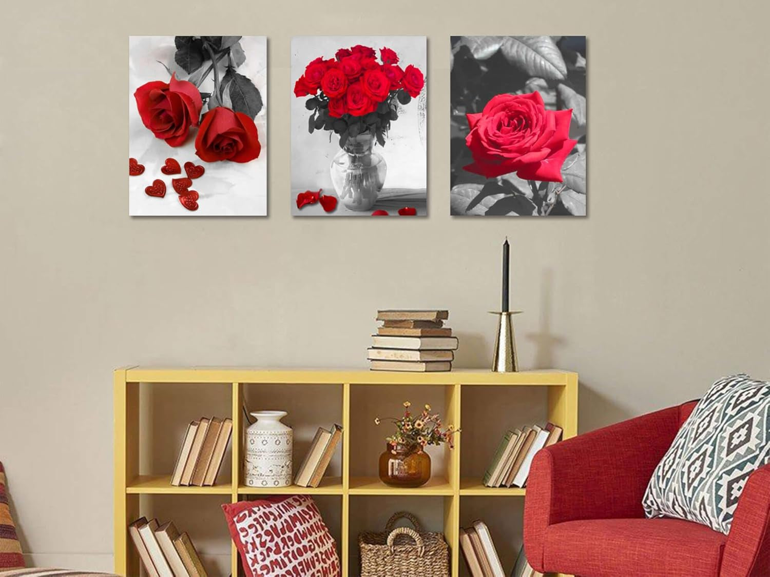 Red Rose Canvas Wall Art Flowers Pictures Bathroom Decor, Black White Florals Painting Modern Romantic Framed for Bedroom Living Room Dinning Room Kitchen Spa Wall Decor,12"X16"X3 Panels