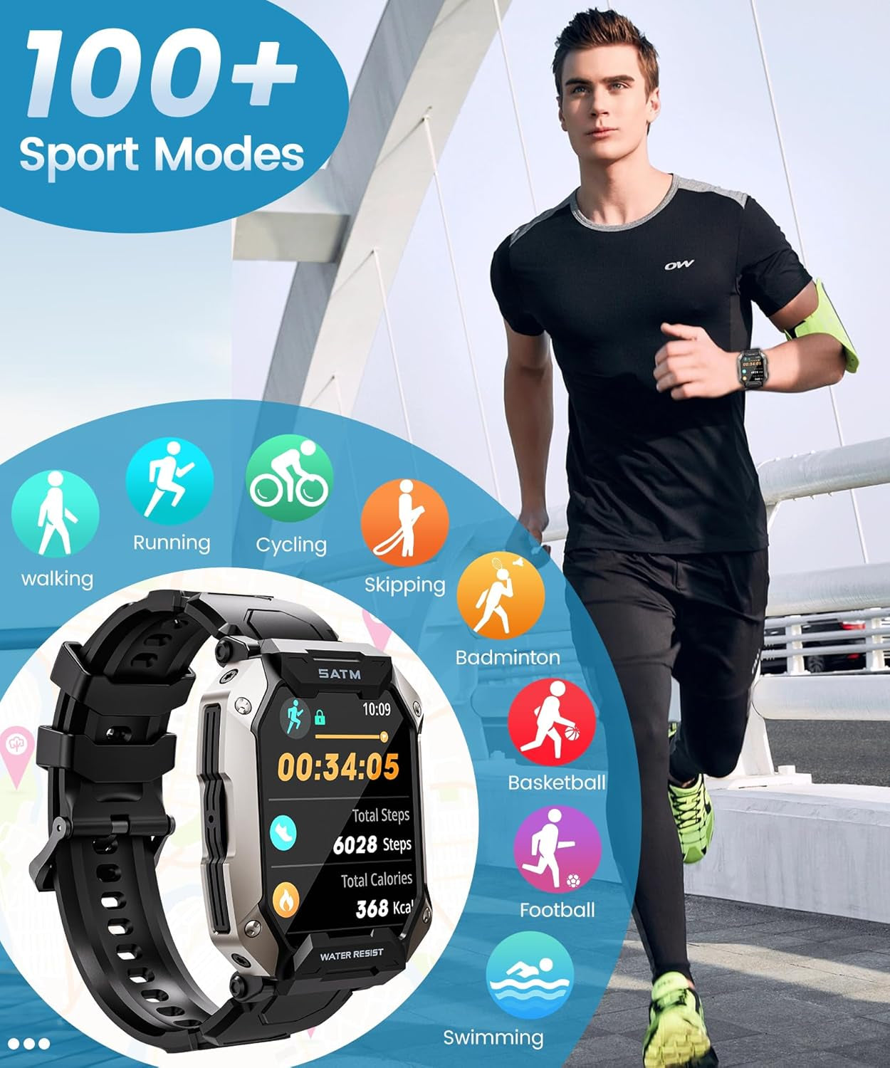 Smart Watch for Men，With Answer/Make Call 100+ Sports Modes Fitness Smart Watch, IP68 Waterproof 80 Days Extra-Long Battery Heart Rate/Blood Oxygen/Sleep Monitor Smartwatch for Android and Ios