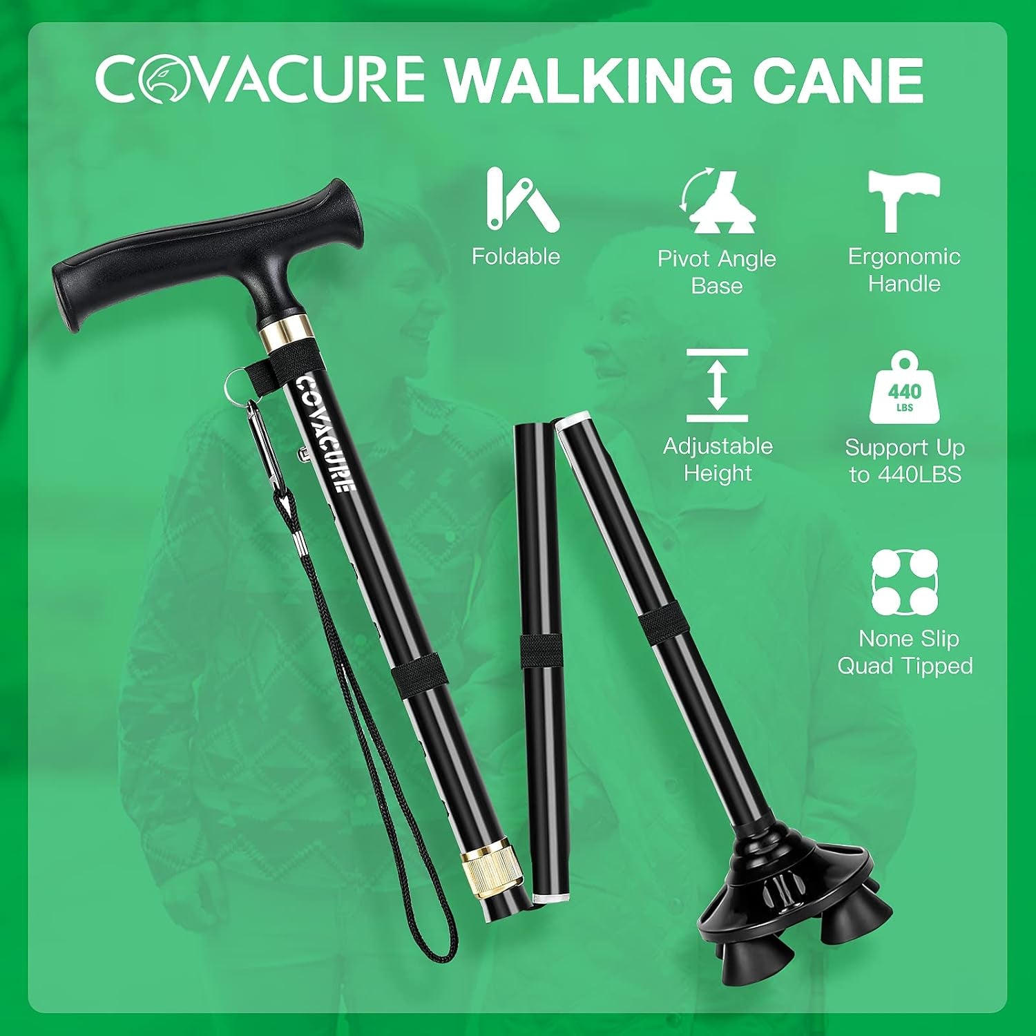 Walking Cane for Men & Women - Foldable, Adjustable-[Seniors Friendly]-Walking Canes with Heavy Duty Pivot Large Base, Aluminum Alloy Walking Stick with Carry Bag for Seniors & Adults