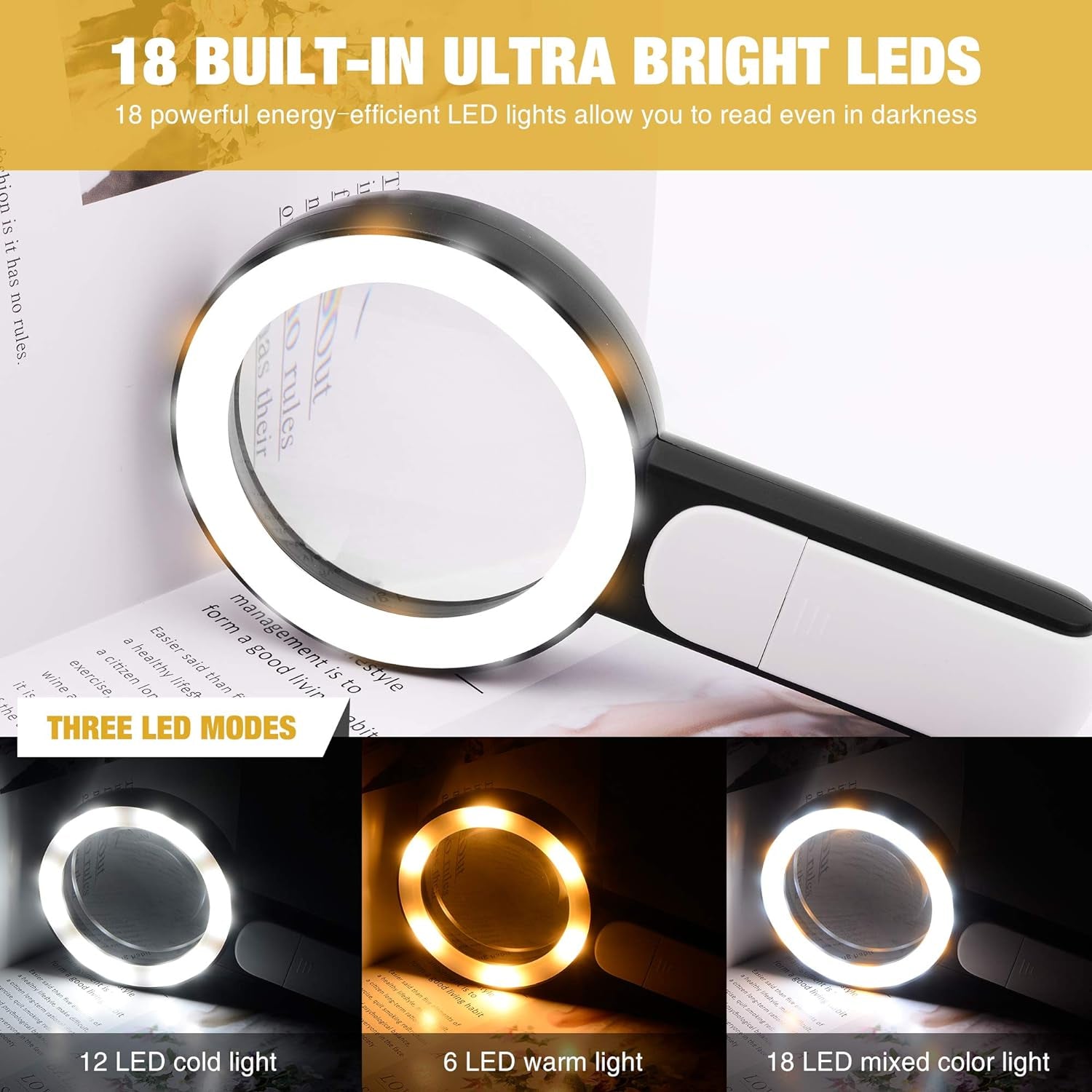 Magnifying Glass with Light, 30X Handheld Large 18LED Cold and Warm Light with 3 Modes, Illuminated Magnifier for Seniors Reading, Inspection, Coins, Jewelry, Exploring