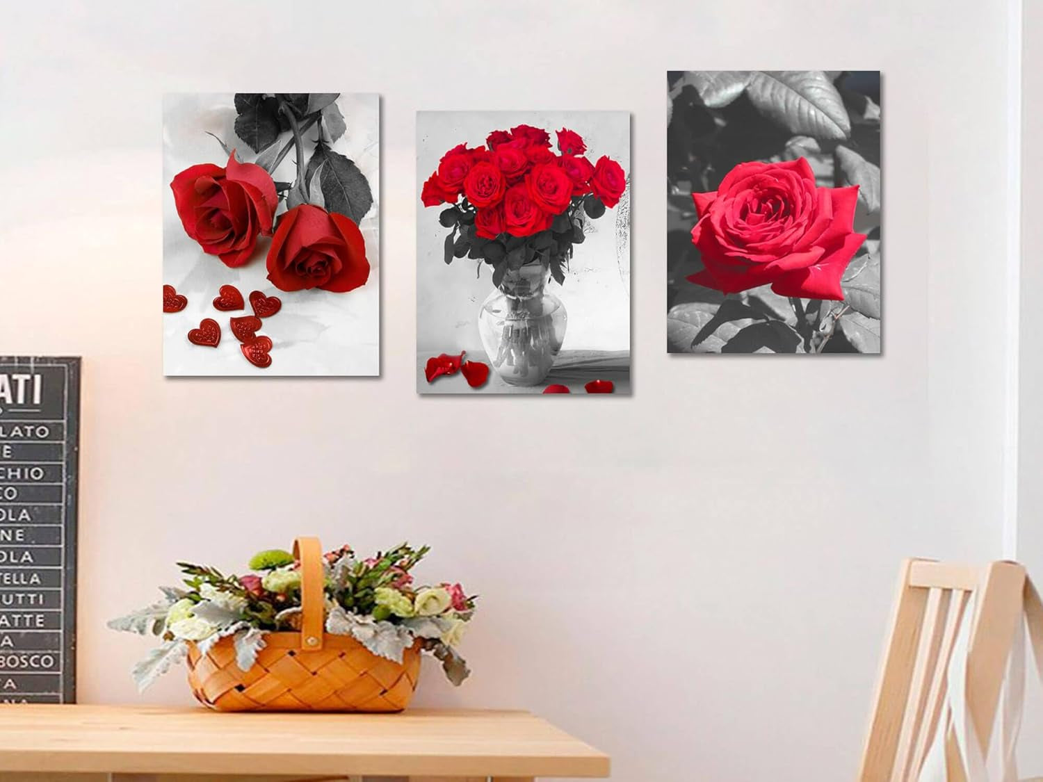 Red Rose Canvas Wall Art Flowers Pictures Bathroom Decor, Black White Florals Painting Modern Romantic Framed for Bedroom Living Room Dinning Room Kitchen Spa Wall Decor,12"X16"X3 Panels