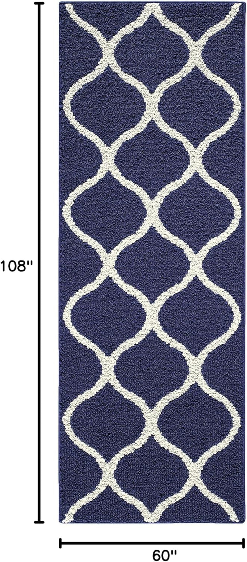 Rebecca Contemporary Runner Rug Non Slip Hallway Entry Carpet [Made in USA], 1'9" X 5', Navy Blue/White