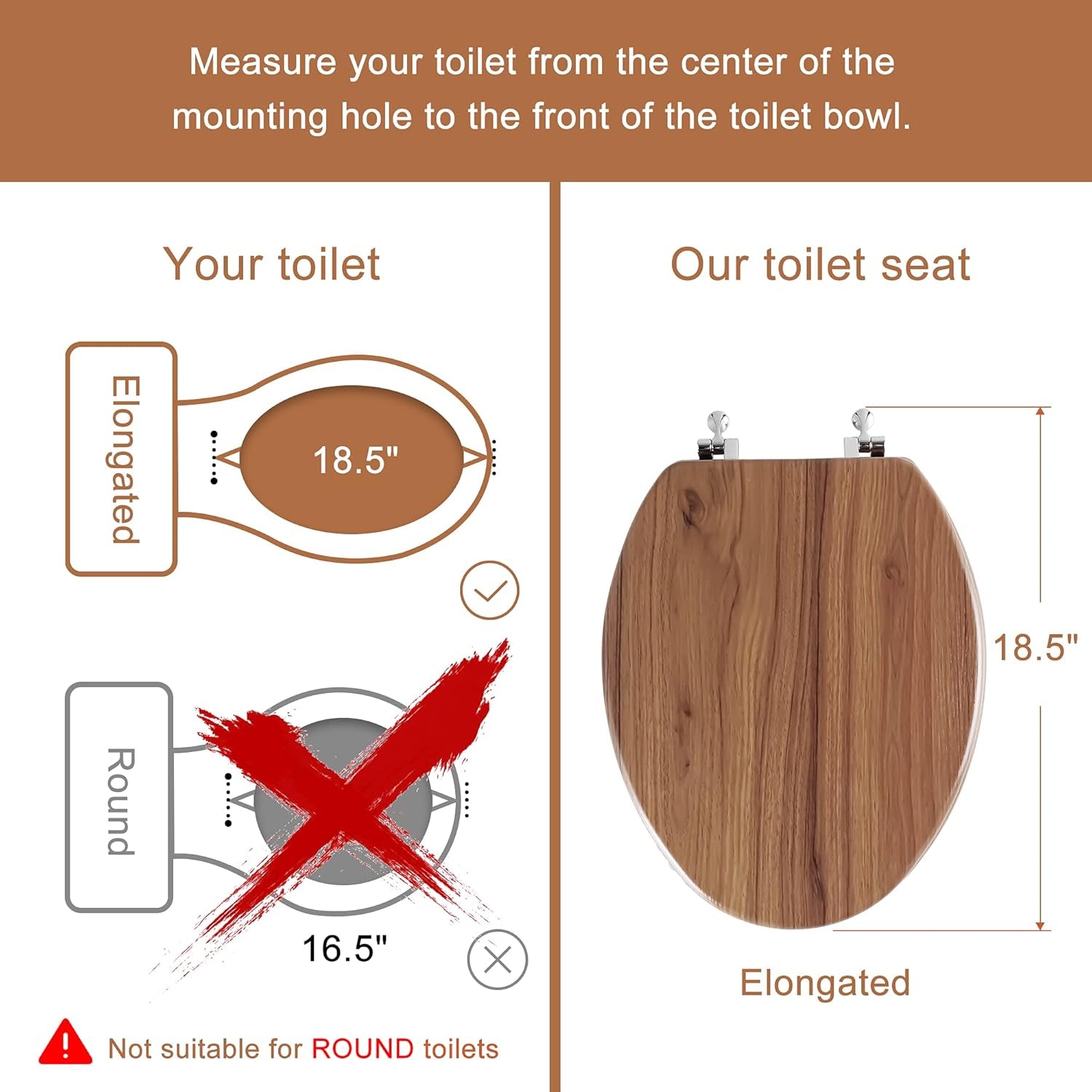 Elongated Toilet Seat Molded Wood Toilet Seat with Zinc Alloy Hinges, Easy to Install Also Easy to Clean, Anti-Pinch Wooden Toilet Seat by  (Elongated, Natural)