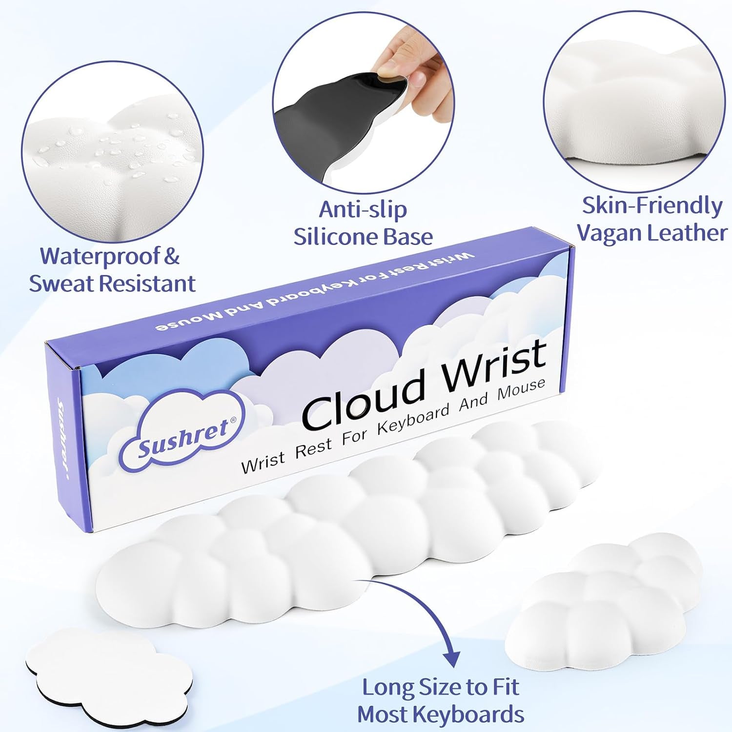 Cloud Wrist Rest Keyboard, Cloud Palm Rest Set with PU Leather Memory Foam, Cute Keyboard Rest for Wrist Support and Arm Rest, Desk Cloud Wrist Pad for Pc/Gaming/Hand Cushion/Computer-White