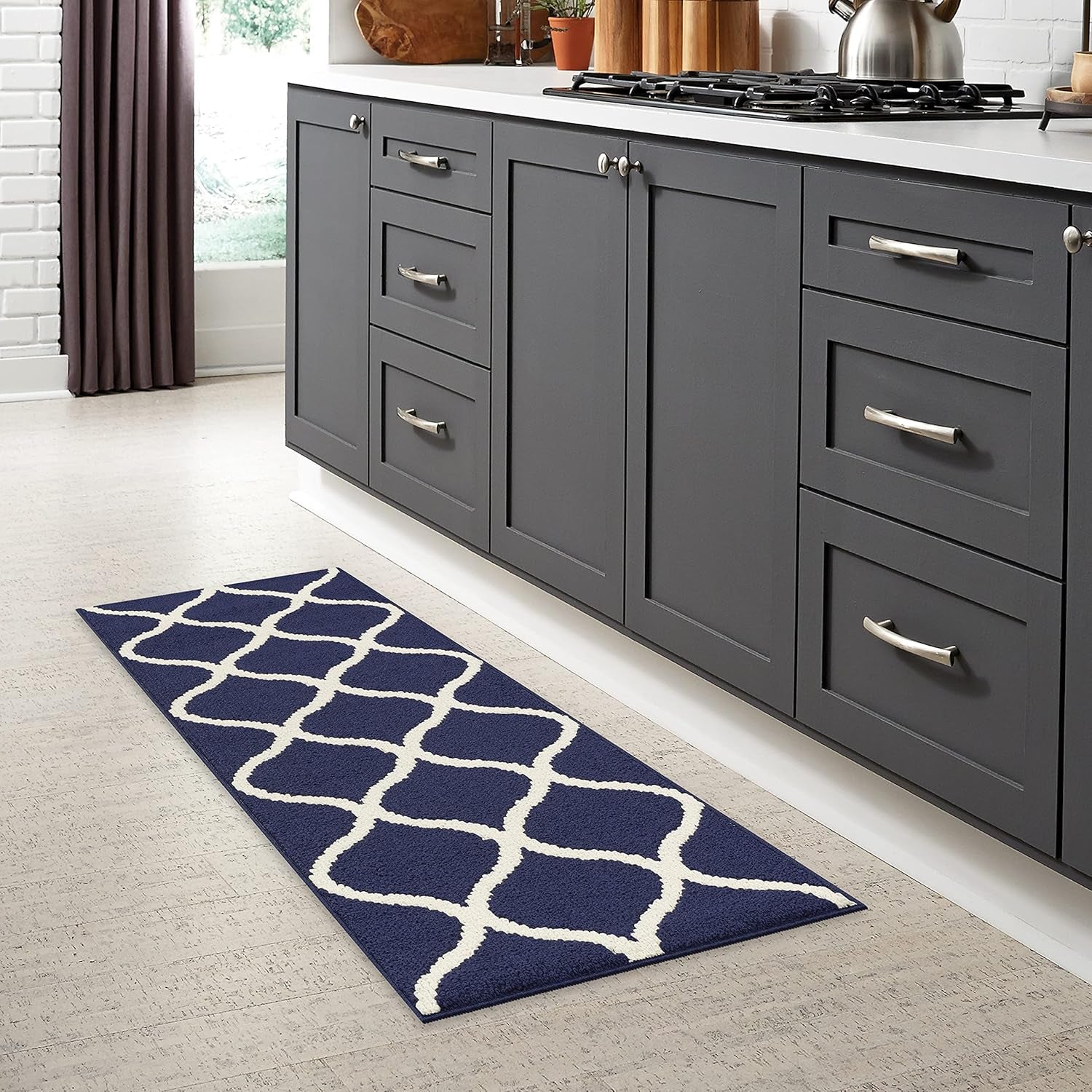 Rebecca Contemporary Runner Rug Non Slip Hallway Entry Carpet [Made in USA], 1'9" X 5', Navy Blue/White