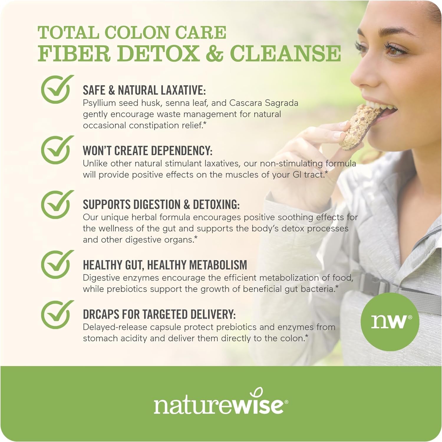 Total Colon Care Fiber Cleanse with Herbal Laxatives, Prebiotics, & Digestive Enzymes for Healthy Elimination, Safe Digestion & Weight, Detox, & Gut Health [1 Month Supply - 60 Count]