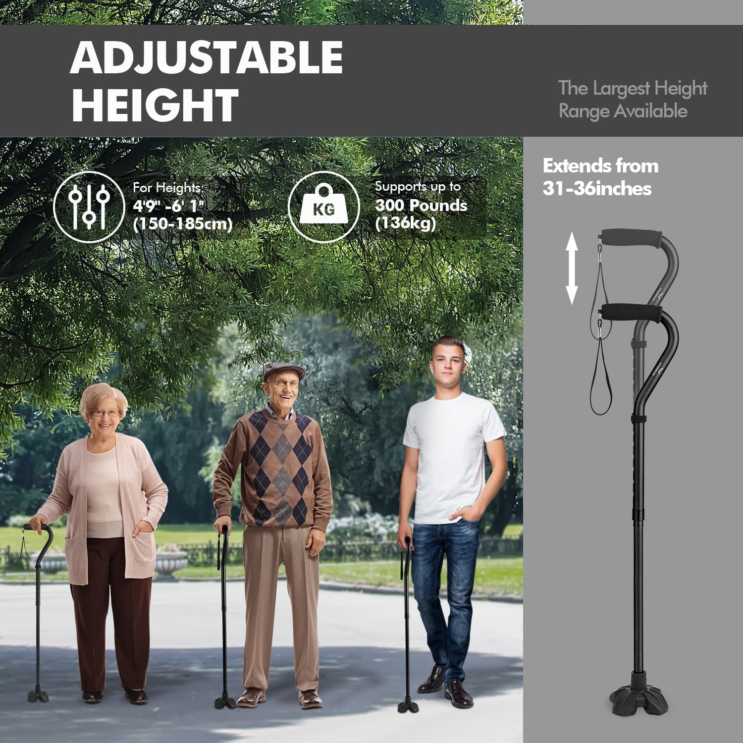 F1 Walking Cane for Women & Men, Lightweight & Sturdy Offset Walking Stick, Large Quad Base Walking Cane with Autonomous Standing for Seniors and People with Leg Injuries