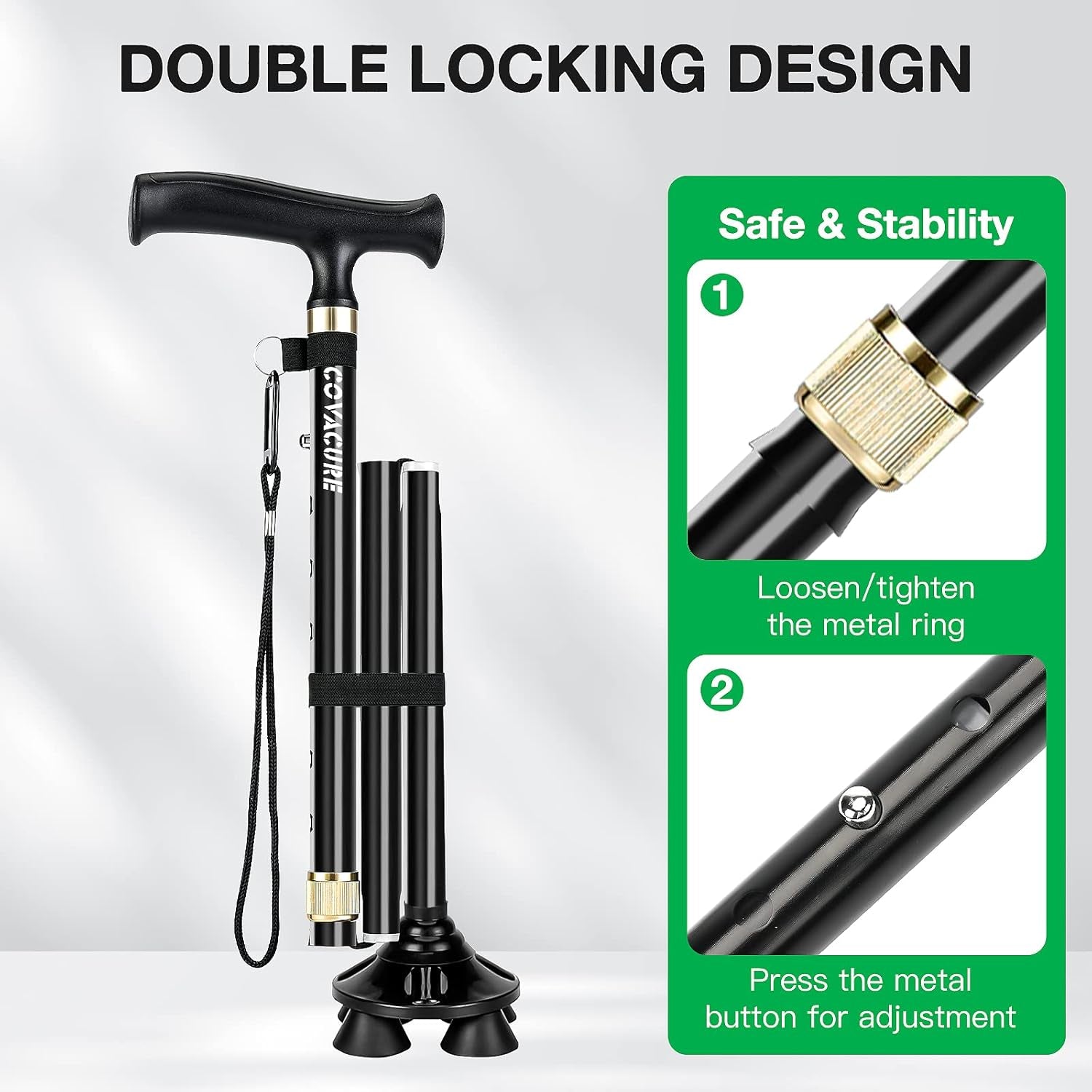 Walking Cane for Men & Women - Foldable, Adjustable-[Seniors Friendly]-Walking Canes with Heavy Duty Pivot Large Base, Aluminum Alloy Walking Stick with Carry Bag for Seniors & Adults