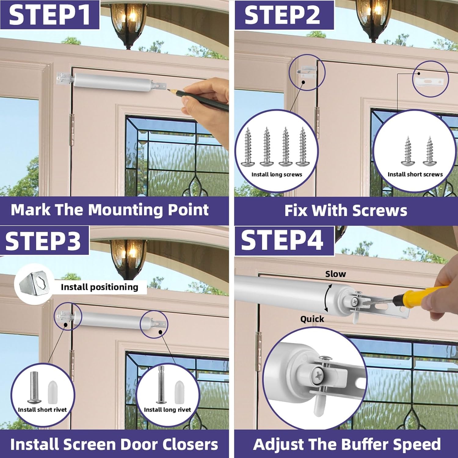 Screen Door Closers Kit,Storm Door Closer, Pneumatic Door Closer Bracket Adjustable Closing Door Cushion Speed,Door Closure with Hold Open Feature & Smooth Closing Motion 1 Pack(White)