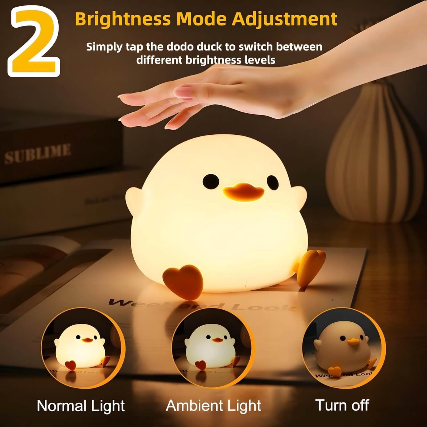 Dodo Duck Night Light, Cute Duck Lamp, Rechargeable Dimmable Nightlight, Silicone LED Bedside Lamp Nursery Nightlight with 20 Minutes Timer and Touch-Sensitive for Bedrooms, Living Room