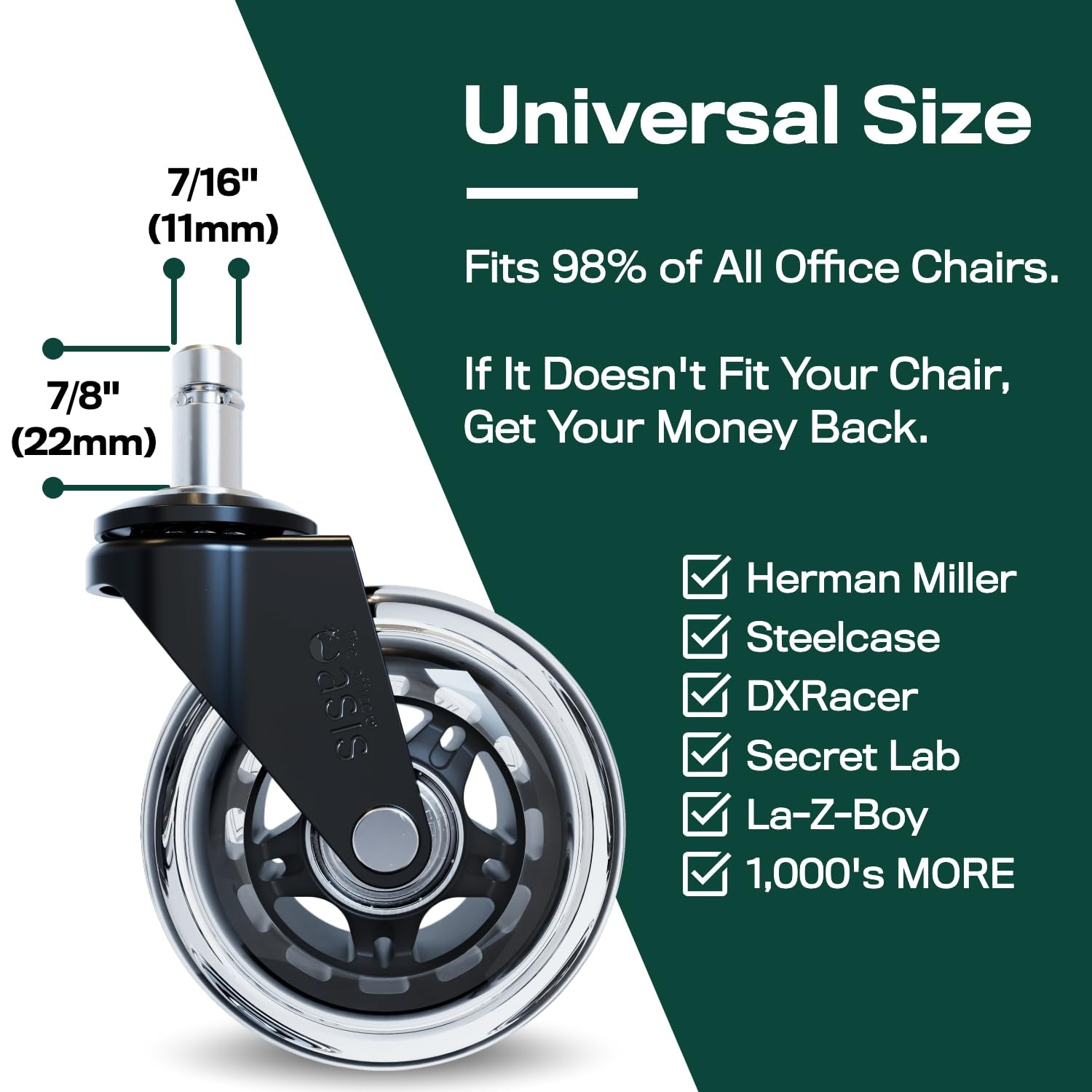 The Original Rollerblade Office Chair Wheels (As Seen on PBS) - Incredibly Smooth & Quiet Rolling Casters - Safe for Hardwood Floors & Carpet - Easy Installation with Universal Fit - Set of 5