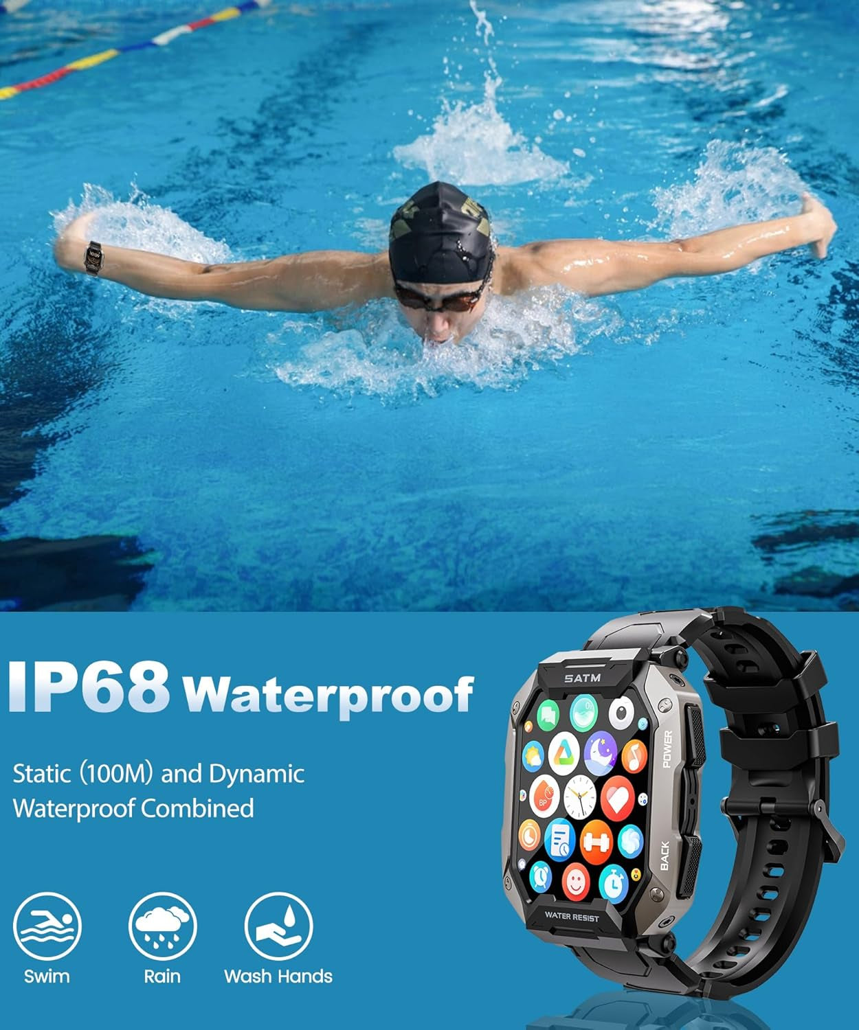 Smart Watch for Men，With Answer/Make Call 100+ Sports Modes Fitness Smart Watch, IP68 Waterproof 80 Days Extra-Long Battery Heart Rate/Blood Oxygen/Sleep Monitor Smartwatch for Android and Ios