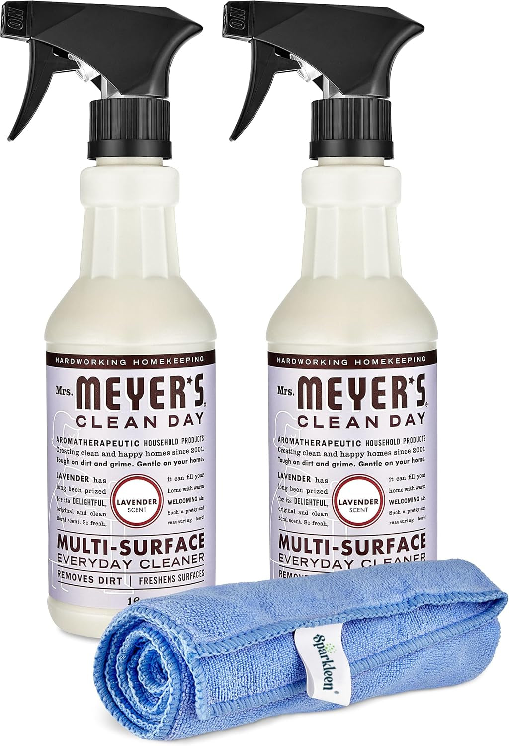 Mrs. Meyers Multi-Surface All Purpose Cleaner Set, Multi-Purpose Cleaner 2 Pack 16 Oz. Lavender Spray and Cloth Set Bundle for Bathroom, Living Room or Bedroom,