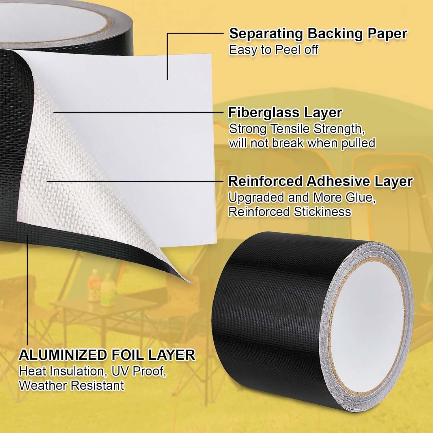 RV Awning Repair Tape Heavy Duty Waterproof Tent Repair Tape for Tarp,Parasol, Canopy, Car and Boat Covers, Underbelly Repair Patch Kit Outdoor UV Proof Fabric Repair Tape Black (3 in X24.6Ft)