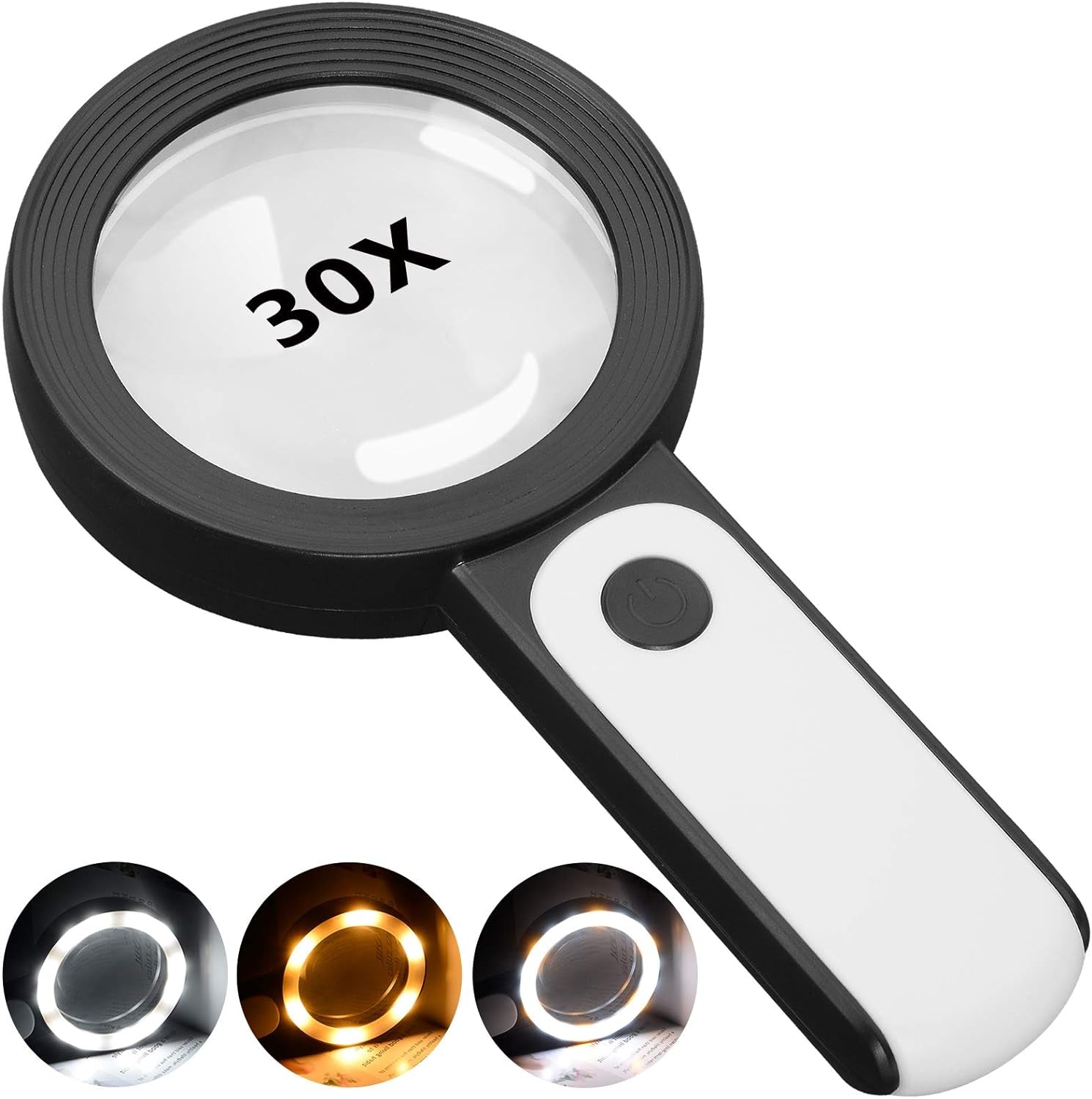 Magnifying Glass with Light, 30X Handheld Large 18LED Cold and Warm Light with 3 Modes, Illuminated Magnifier for Seniors Reading, Inspection, Coins, Jewelry, Exploring