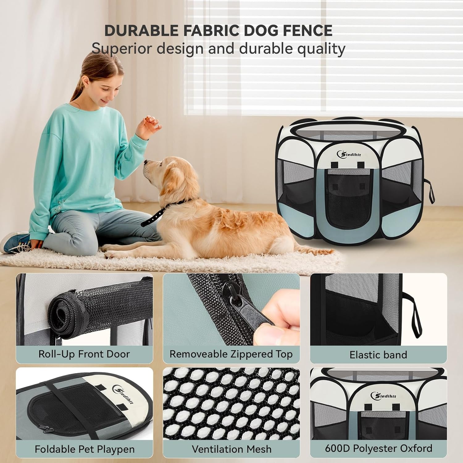 Dog Playpen, Puppy Pet Cat Playpen Indoor for Small Dogs, Dog Tent Crates Cage Indoor/Outdoor, Portable Pop up Dog Kennel Playpen with Carrying Case for Dogs/Cats/Rabbits, Removable Zipper Top, Grey