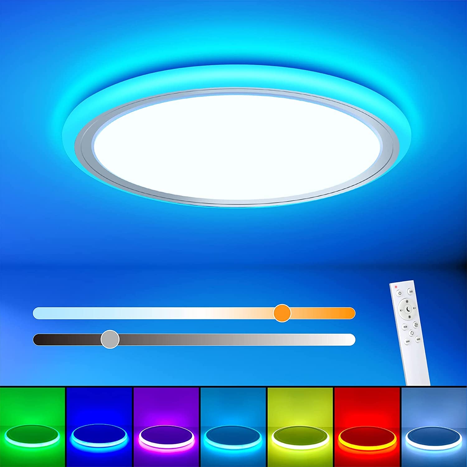 RGB Led Flush Mount Ceiling Light with Remote Control, 13Inch 24W 2400LM 3000-6500K Dimmable Color Changing Light Fixture, Modern round White Ceiling Lamp for Bedroom Kids Room Party Festival