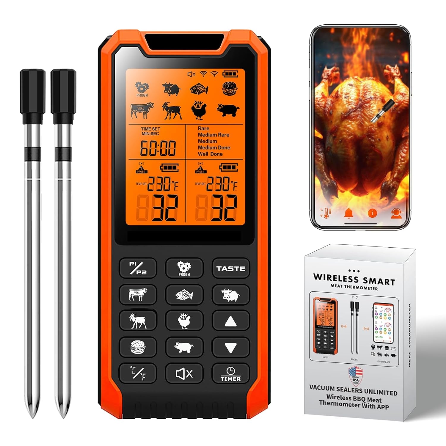 Smart Bluetooth Meat Thermometer - Long Range Wireless Food Thermometer, Temp Monitor with Dual Probes for BBQ, Oven, Grill & Smoker-Effortless Steak, Pork, and Turkey Cooking