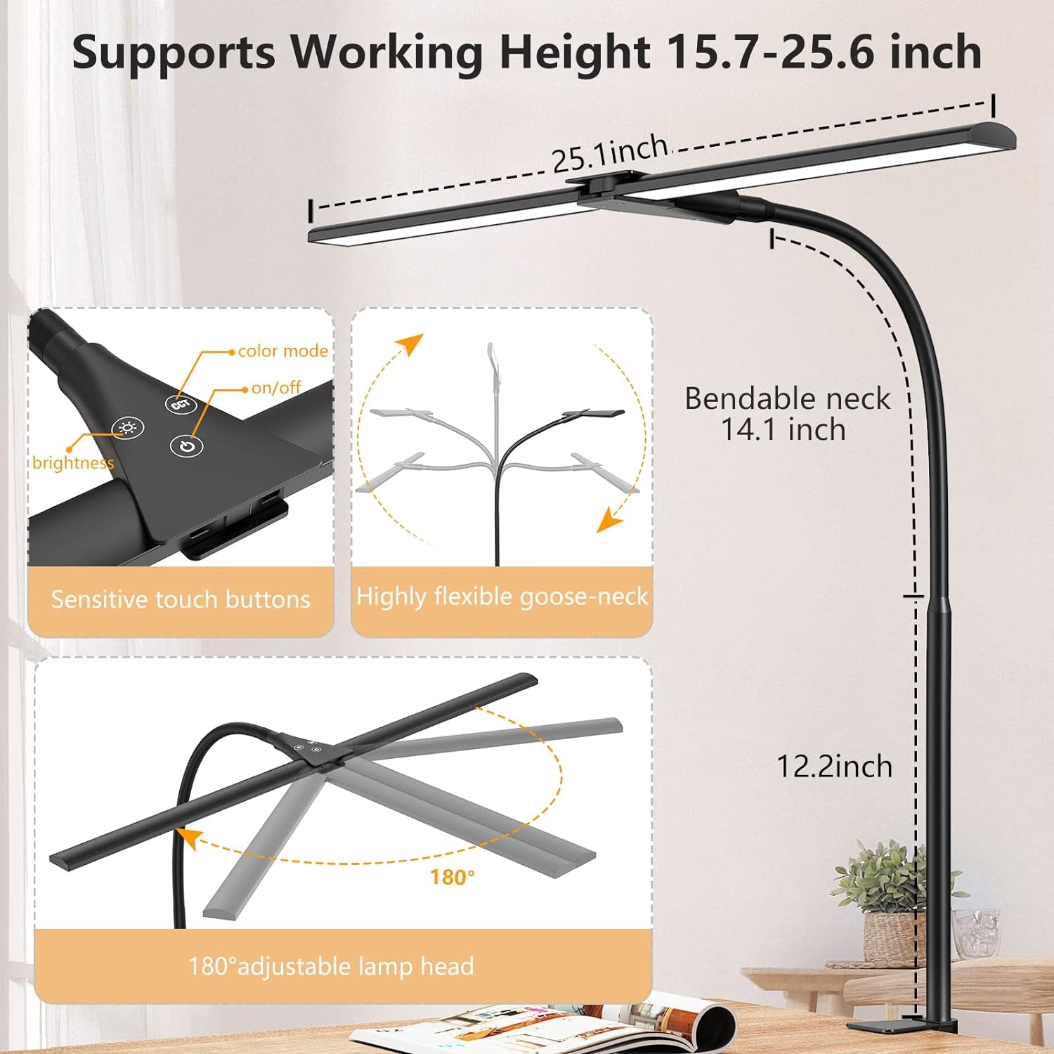 LED Desk Lamp,Double Head Architect Desk Lamps for Home Office,Extra Bright Workbench Office Lighting,Eye Protection Modern Desk Light for Monitor Studio Working Reading 1200LM