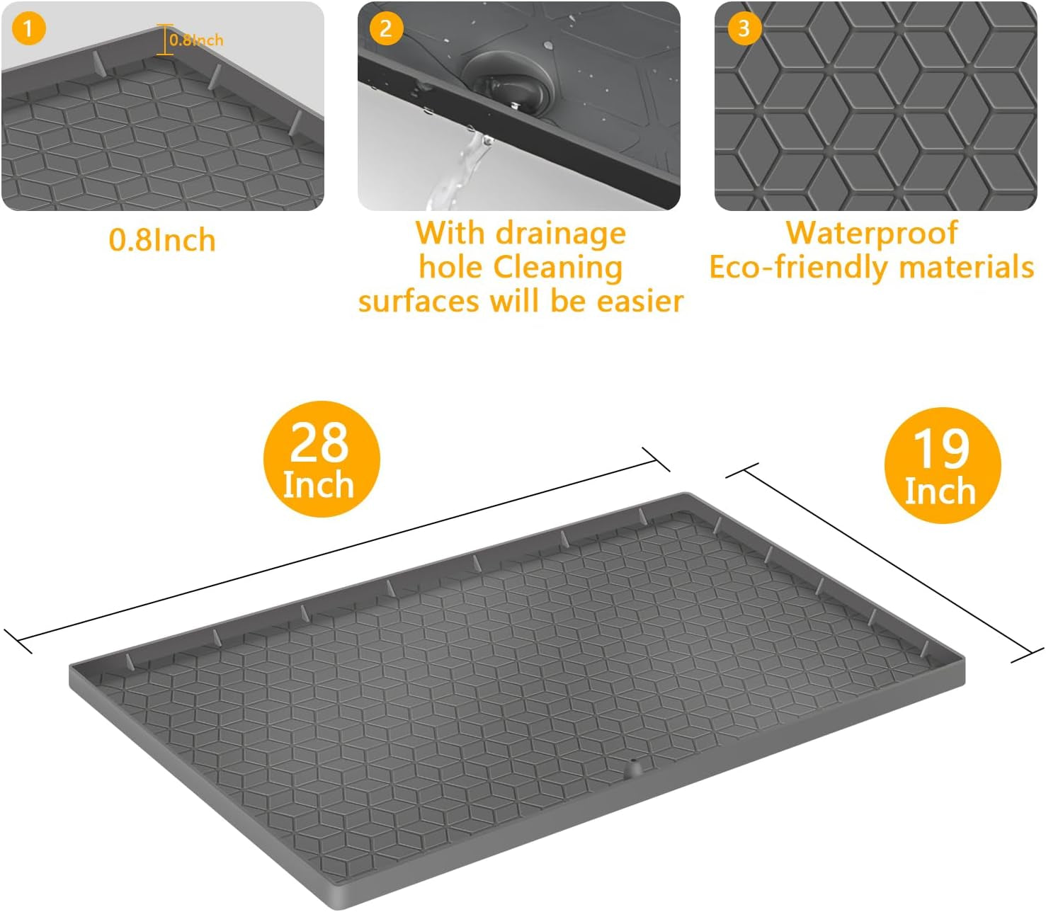 Under Sink Mat for Waterproof Protectors, 28"X19" Silicone Undersink Mats for Kitchen Bathroom, with Drainage Hole Sink Liner Drip Tray Protectors, Fits 30-Inch Cabinets (Grey, 28" W X 19" D)