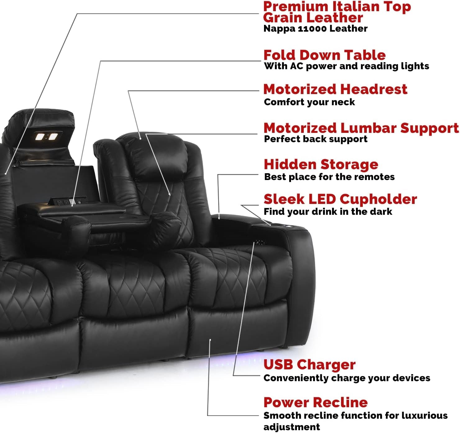 Valencia Tuscany Home Theater Seating | Premium Top Grain Italian Nappa 11000 Leather, Power Headrest, Power Lumbar Support, with Center Drop down Console (Row of 3, Black)