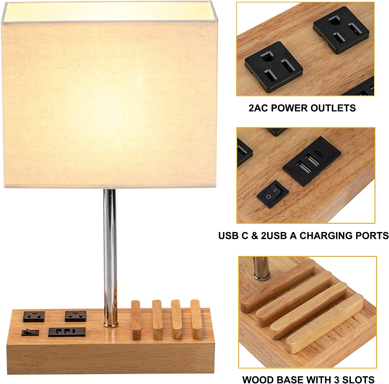 Desk Lamp with 3 USB Charging Ports, Table Lamp with 2AC Outlets and 3 Phone Stands, Nightstand Bedside Lamp with Natural Wooden Base and Cream Linen Shade