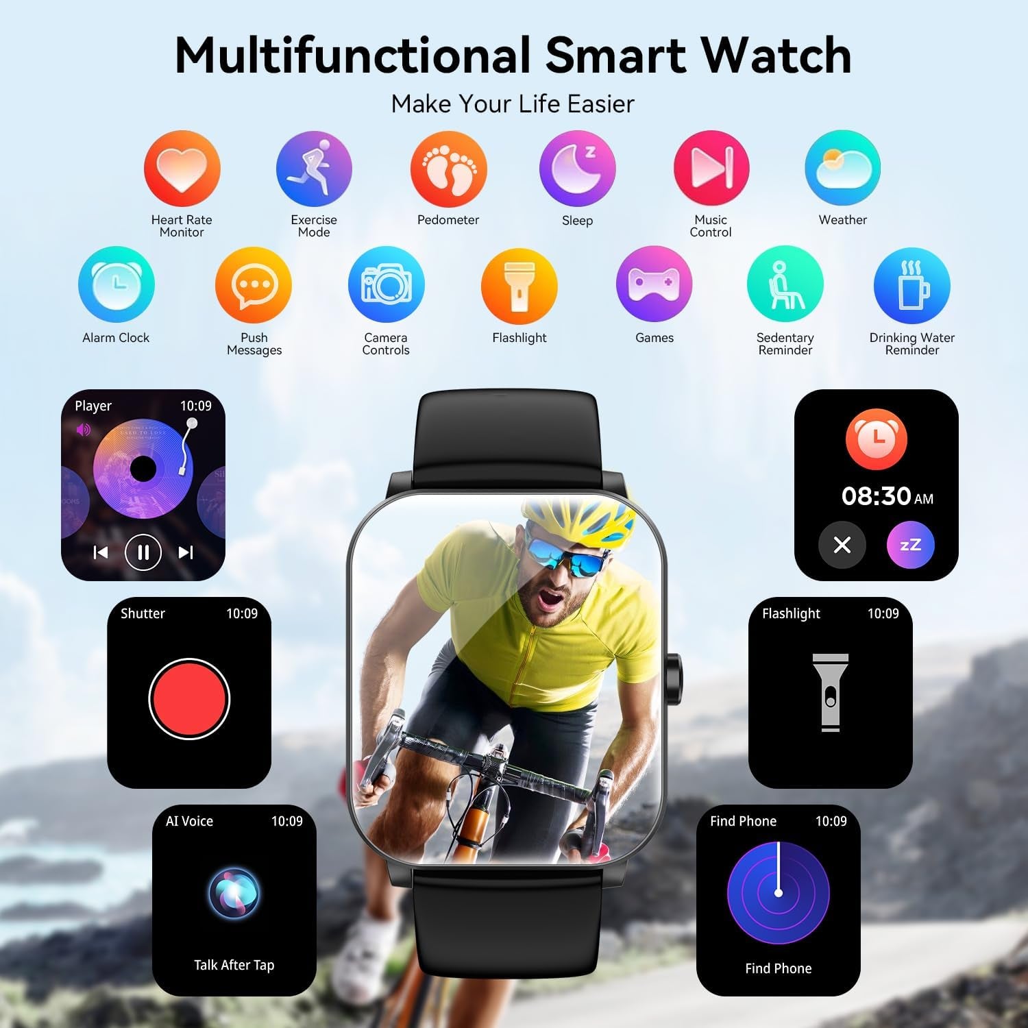 Smart Watch, 1.85" Smartwatch for Men Women (Answer/Make Call), IP68 Waterproof Fitness Tracker, 120+ Sport Modes, Heart Rate, Sleep Monitor, Pedometer, Spo2, Activity Tracker for Android Ios (Black)