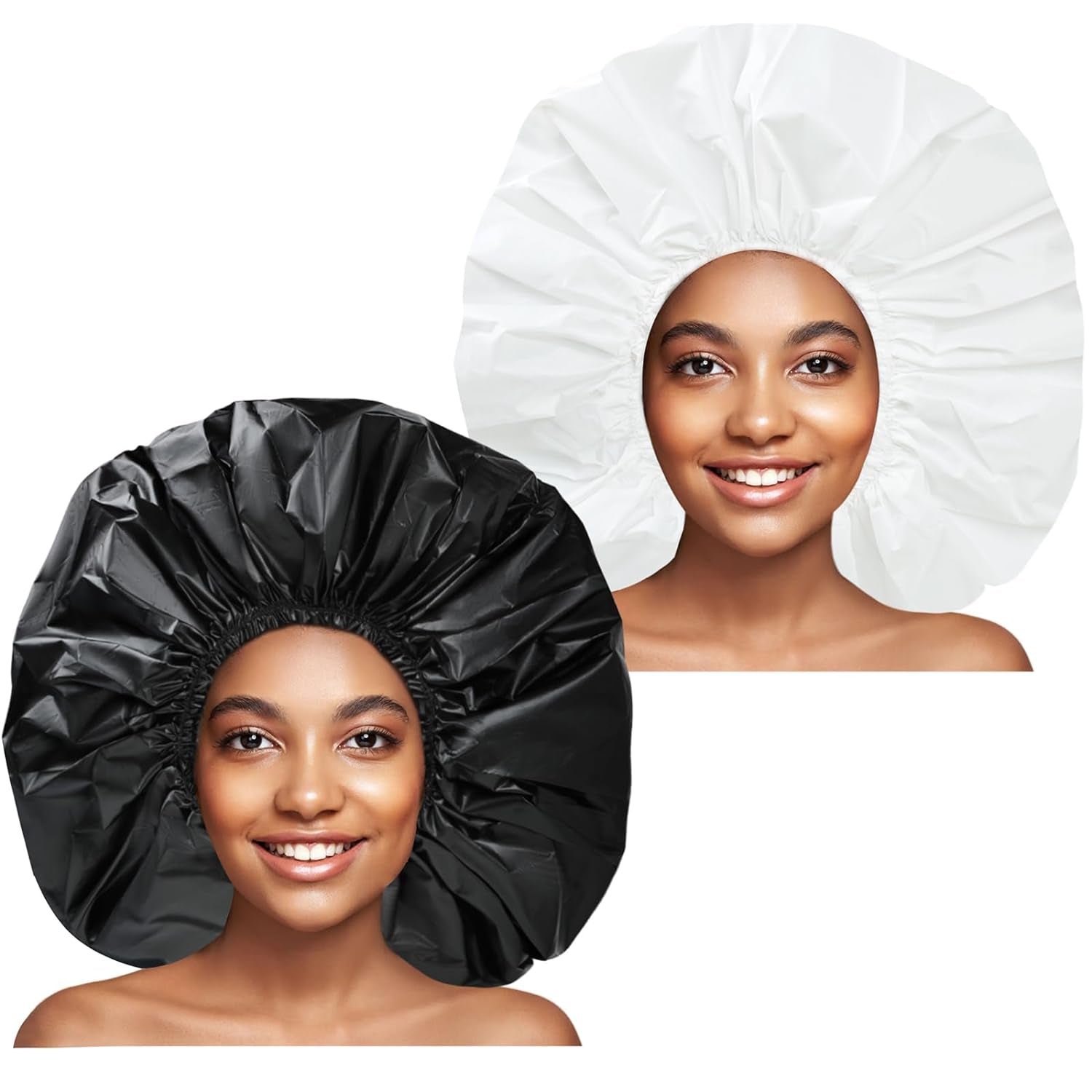 Super Jumbo Shower Cap 2 PCS Waterproof Shower Caps for Women, Extra Large Shower Cap, Reusable Super Large Bath Caps Hair Cap for Long Thick Curly Hair, Locs, Twist Braids - Black + White