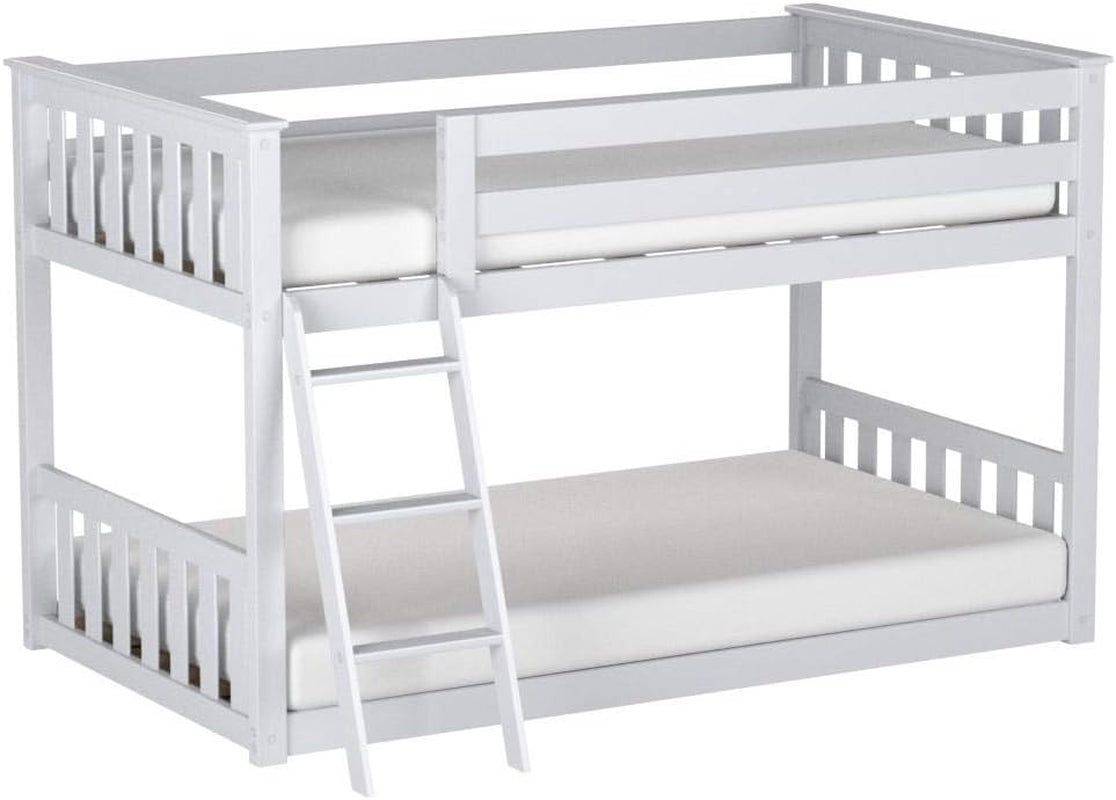 Twin over Twin Low Bunk Bed with Ladder, Wooden Bunk Beds with 14” Safety Guardrail for Kids,Toddlers, Boys, Girls, Teens, Bedroom Furniture, White