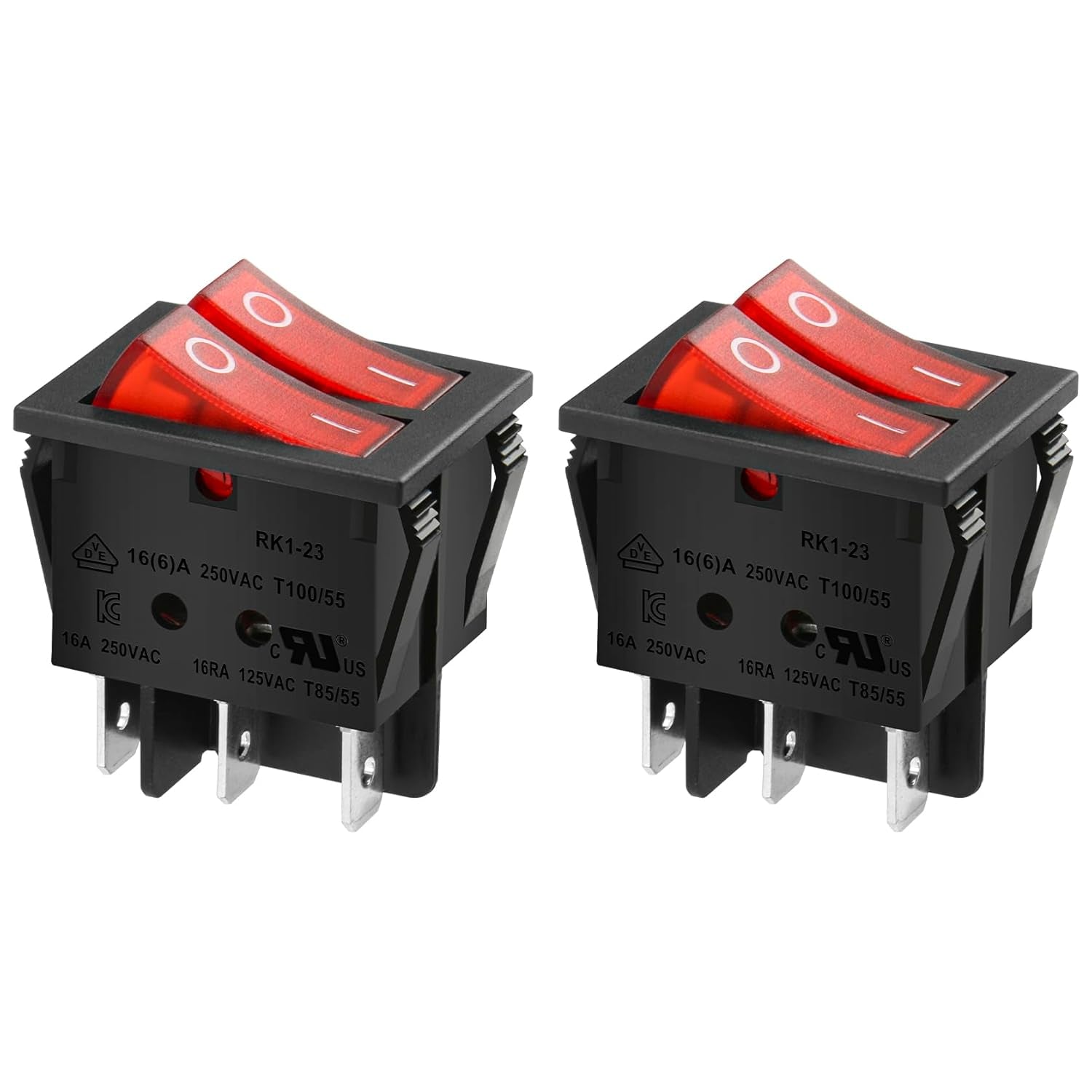 Double Rocker Switch SPST ON-OFF 6 Terminals Red Light 16A 250VAC 2Pack