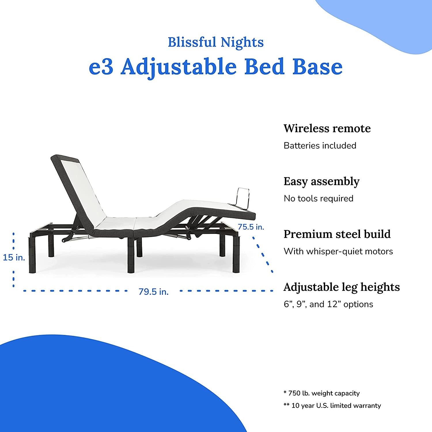 E3 King Adjustable Bed Base Frame with 10" Medium Firm Gel Infused Memory Foam Mattress