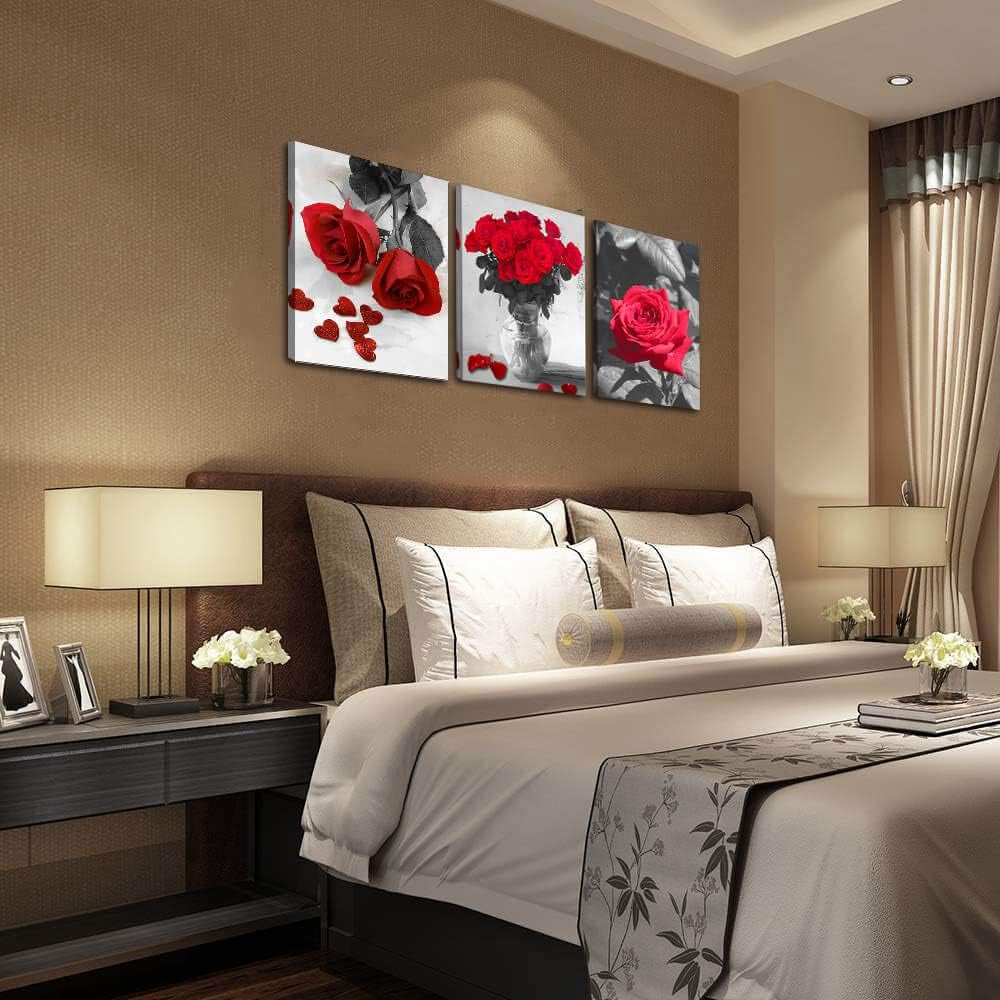 Red Rose Canvas Wall Art Flowers Pictures Bathroom Decor, Black White Florals Painting Modern Romantic Framed for Bedroom Living Room Dinning Room Kitchen Spa Wall Decor,12"X16"X3 Panels